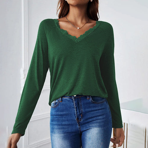Damen feines V‑Neck Langarmshirt mit Spitzenbesatz, leichtem Feinstrick und lässiger Silhouette Drune