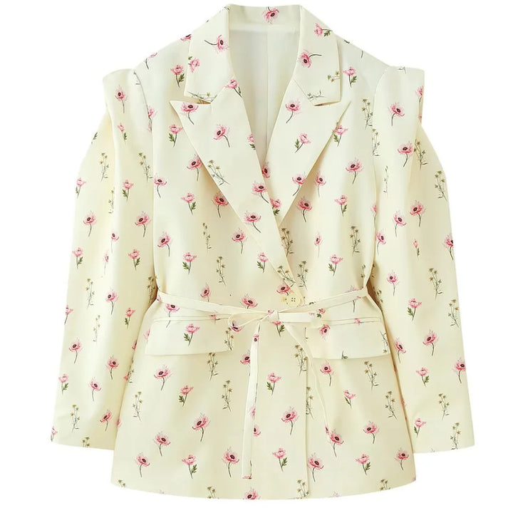 Damen elegante Blazerjacke mit tailliertem Schnitt und Bindegürtel Drune