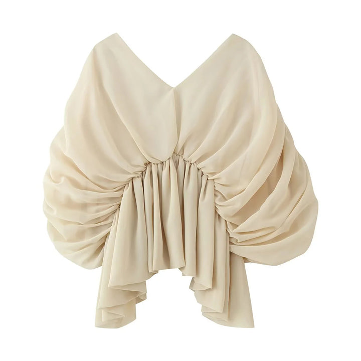 Damen nan voluminöse Drapé-Bluse mit tiefem V-Ausschnitt, gerafftem Taillenband und mehrlagigen Rüschen Drune
