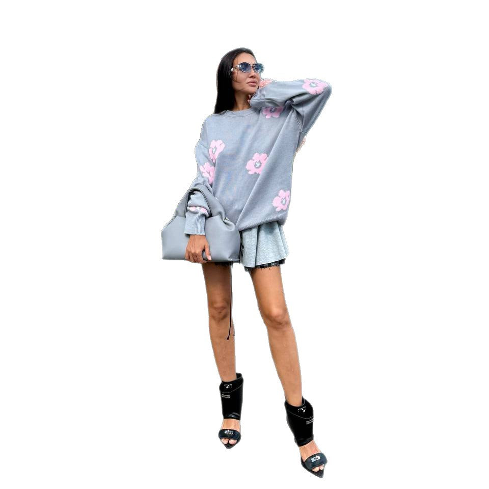 Damen Grob gestrickter Pullover mit Blumendesign Drune