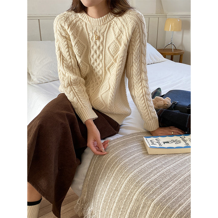 Damen lässiger Grobstrickpullover mit Zopfmuster Drune