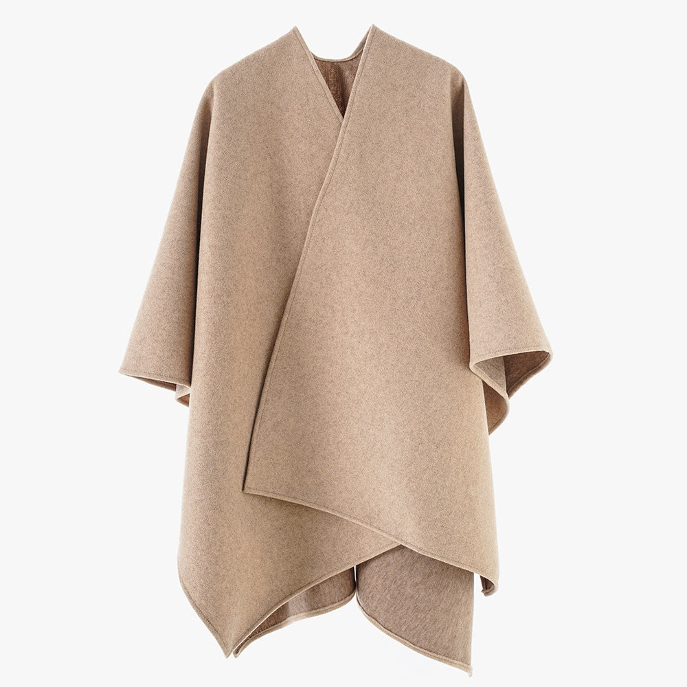 Damen Minimalistischer Wickel‑Capeponcho aus Wollmix mit kastigem Oversize‑Fall Drune