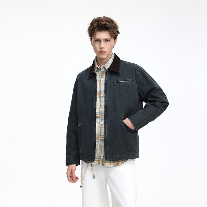 Herren Freizeitjacke aus gewaschenem Baumwollcanvas mit Cordkragen und Reißverschluss-Tasche Drune