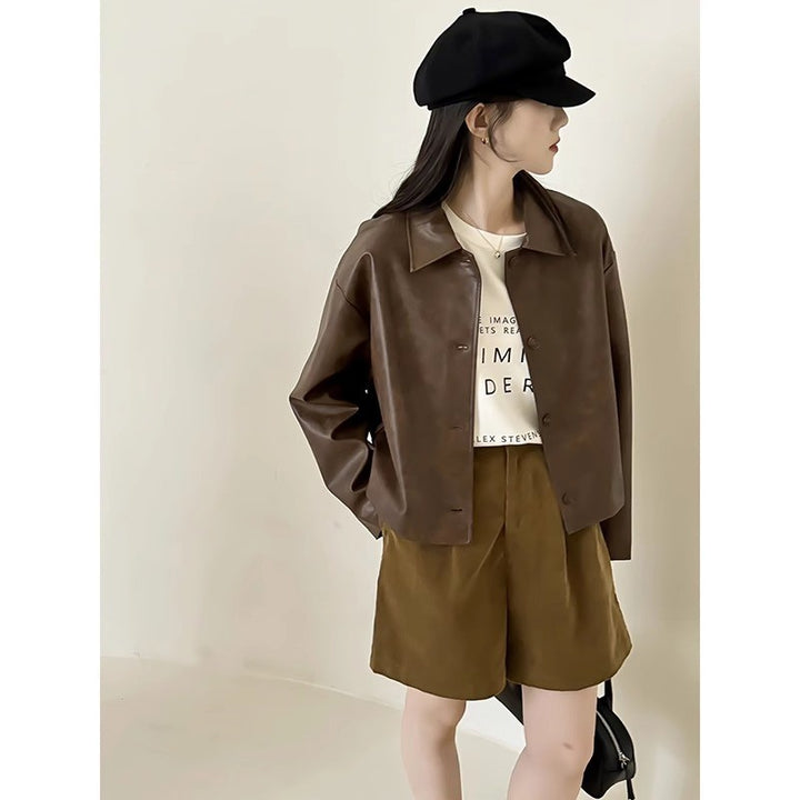 Damen Boxy‑Kunstleder‑Hemdjacke mit verdeckter Knopfleiste und überschnittenen Schultern Drune