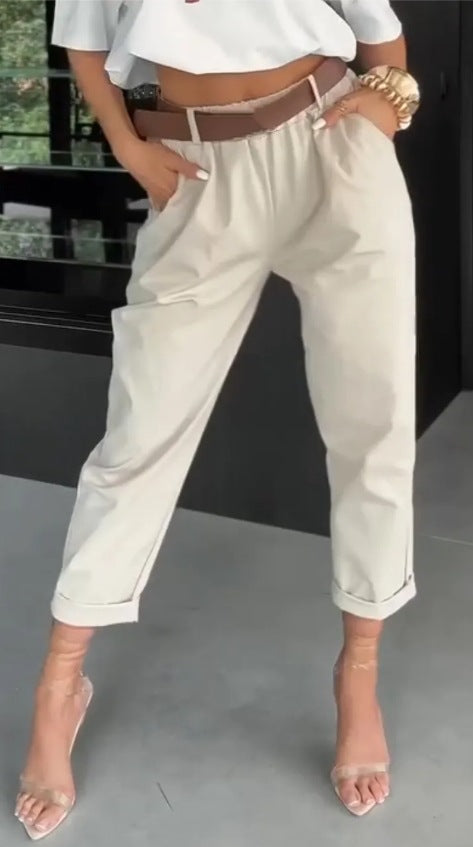 Damen nan hochtaillierte Paperbag-Hose mit gerafftem Bund, Eingrifftaschen und gekrempeltem Saum Drune