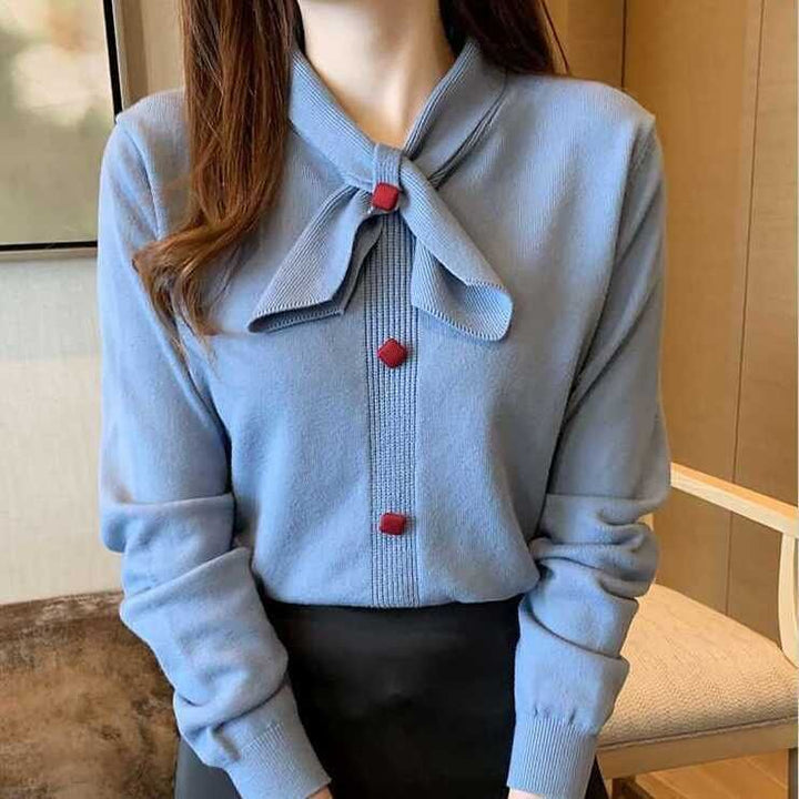 Damen Bluse mit elegantem Schleifenkragen und dekorativen Knopfdetails Drune