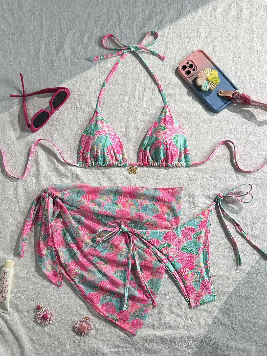 Damen blütenverzierter Bikini mit farbenfrohem Überrock Drune