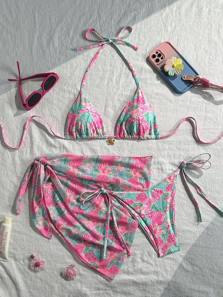 Damen blütenverzierter Bikini mit farbenfrohem Überrock Drune