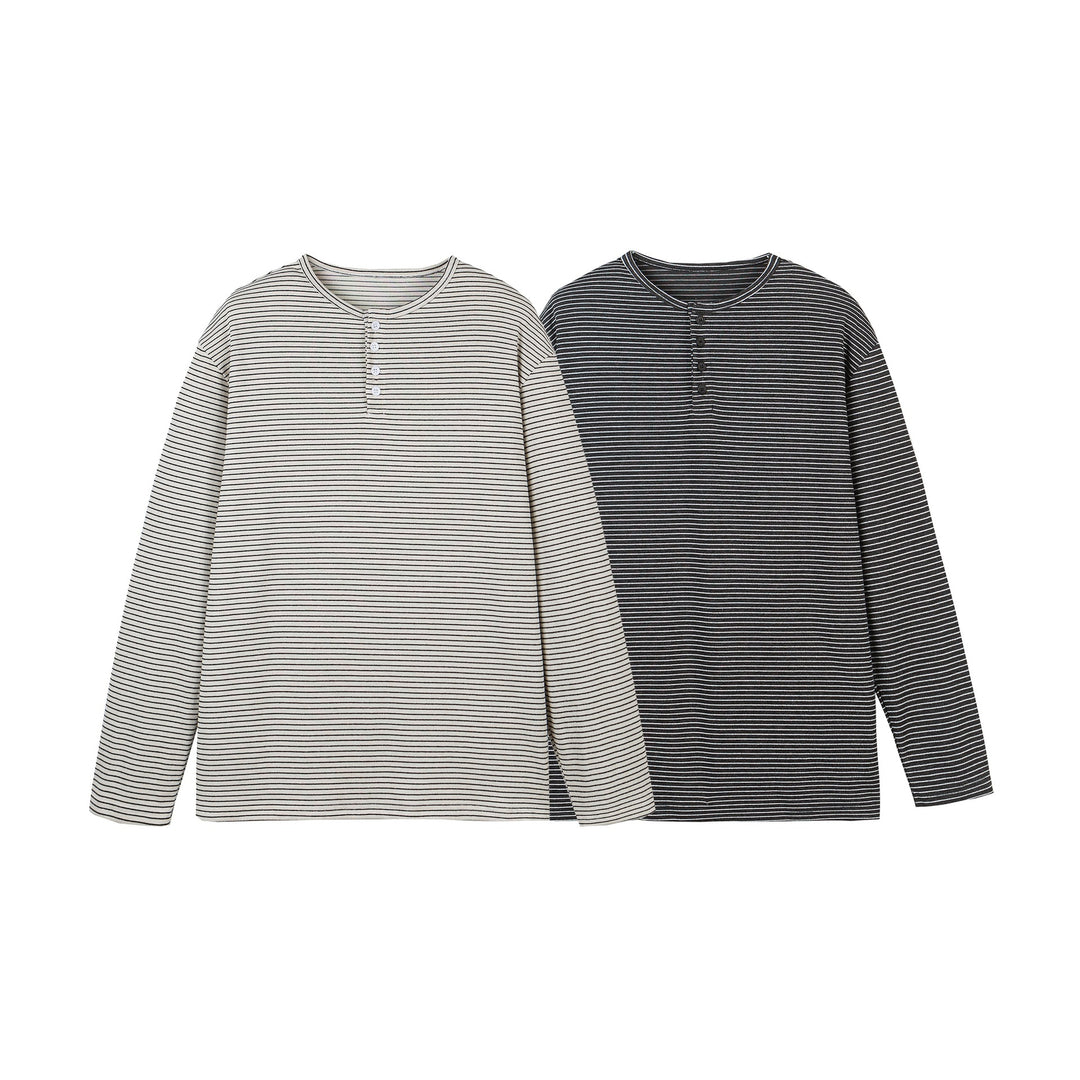 Unisex Gestreiftes Henley-Langarmshirt mit Knopfleiste und Oversize-Schnitt Drune