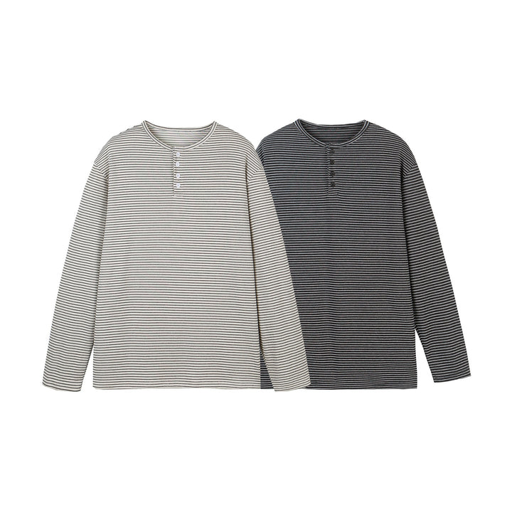 Unisex Gestreiftes Henley-Langarmshirt mit Knopfleiste und Oversize-Schnitt Drune