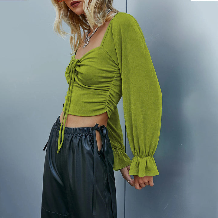 Damen gerafftes Crop-Top mit Herz-Bustier, Knoten-Detail und voluminösen Trompetenärmeln Drune