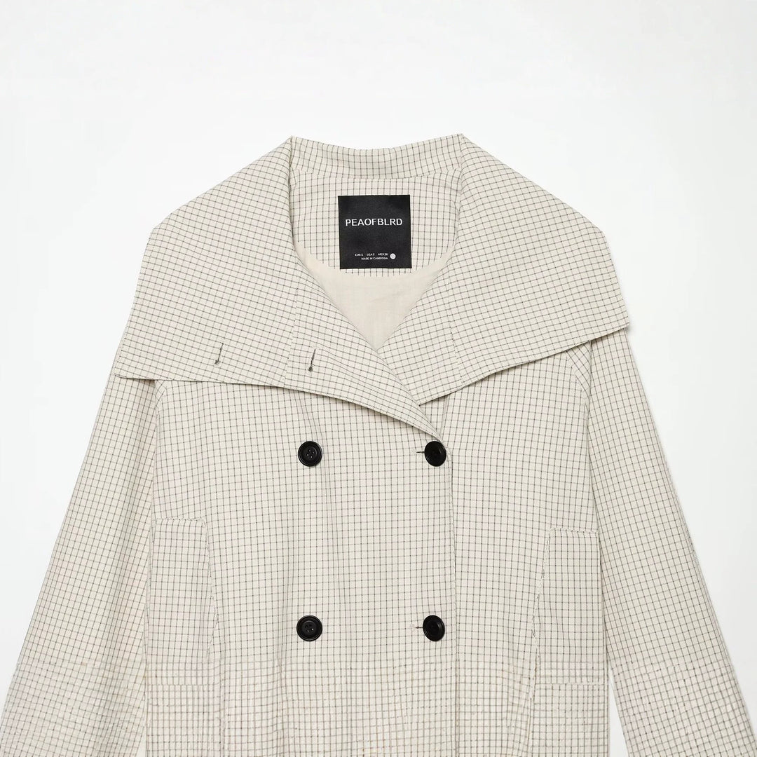 Damen Kurzjacke Doppelreihiger Trench mit übergroßem Matrosenkragen und Gummizugsaum Drune