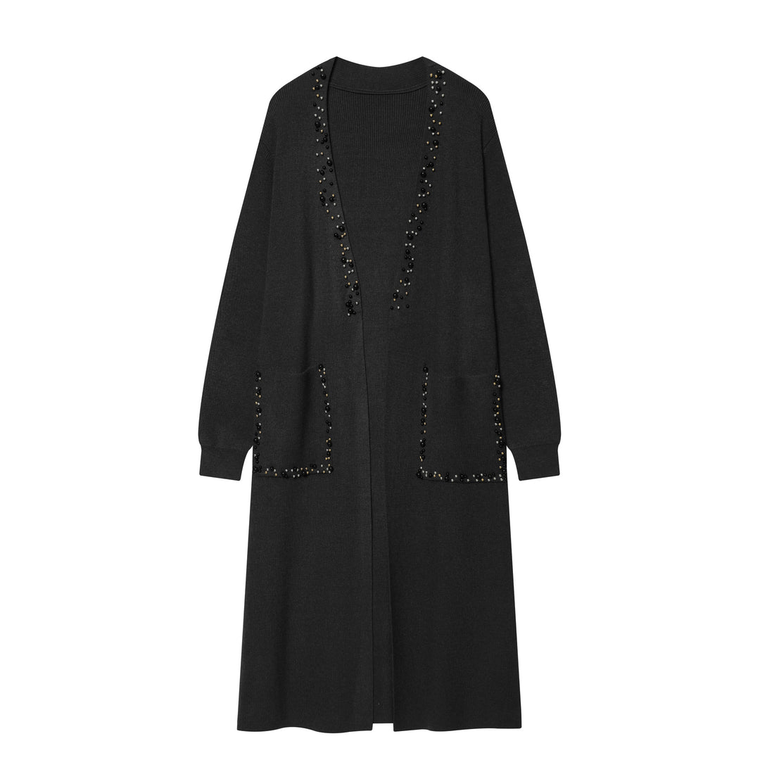 Damen lange offene Strickjacke mit Perlenbesatz und aufgesetzten Taschen Drune
