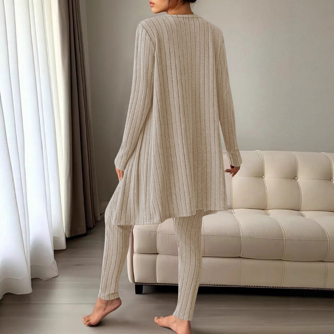 Damen Dreiteiliges geripptes Lounge-Set mit Longcardigan, Crop-Top und High-Waist-Leggings Drune