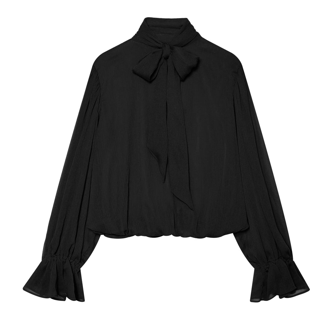 Damen Schlupfbluse mit Schleifenkragen, plissierten Volantärmeln und elastischem Saum Drune