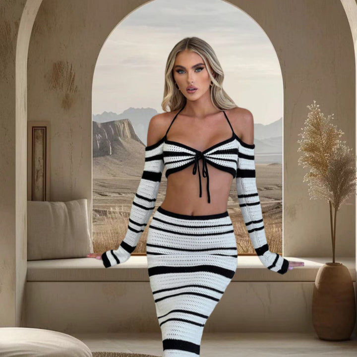 Damen Set aus gestreiftem Crop-Top und Maxi-Rock Drune
