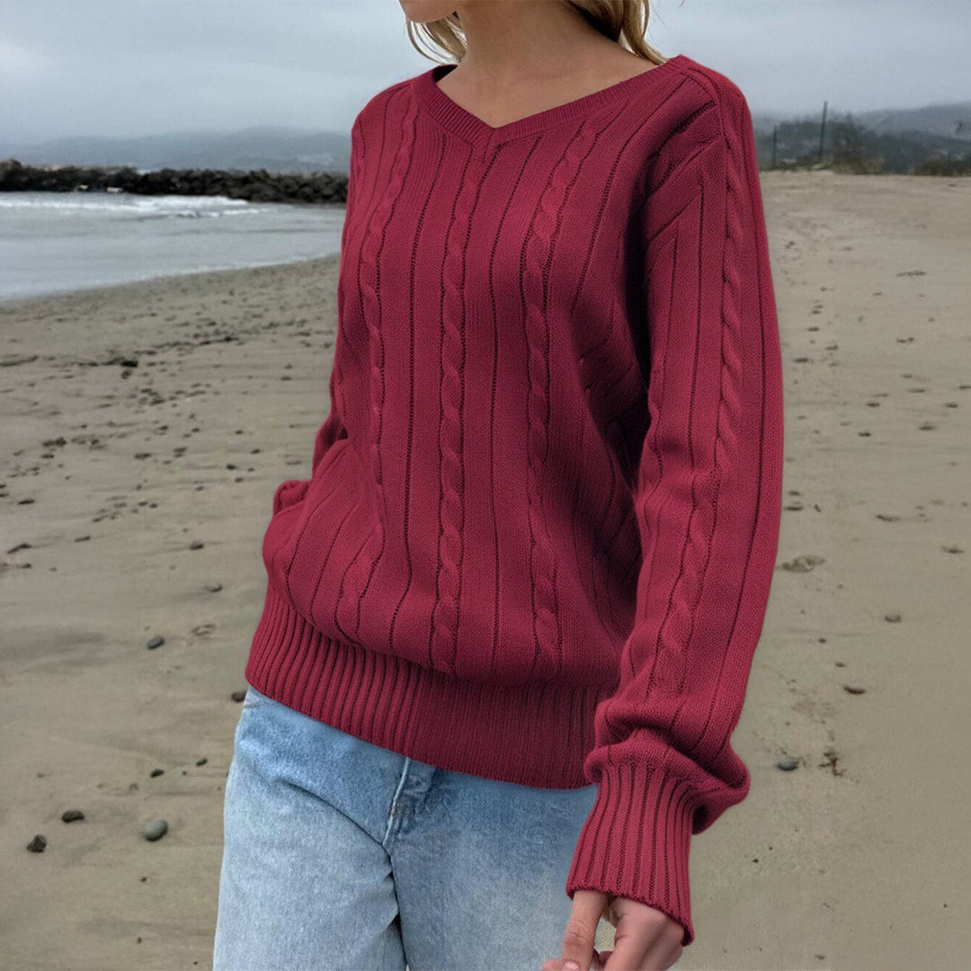 Damen nan feiner Strukturstrick-Pullover mit V‑Neck, Zopfmuster und geripptem Saum Drune