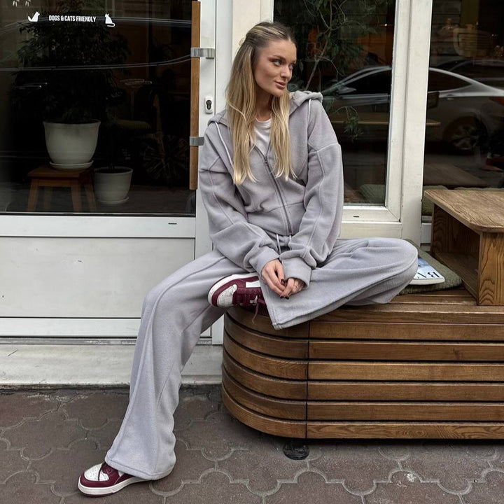 Damen Fleece-Lounge-Set mit kurzem Reißverschluss-Hoodie und taillenhoher Kordel-Jogginghose Drune