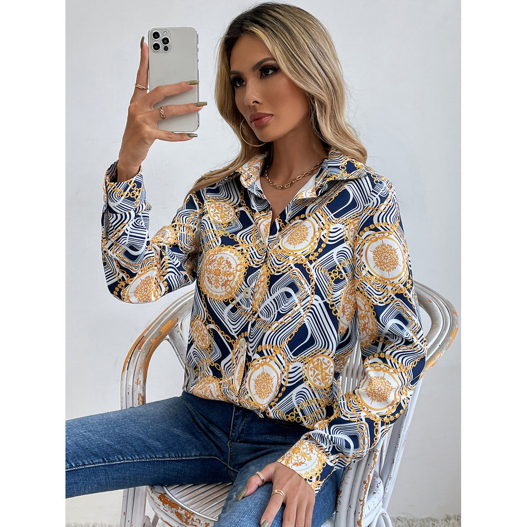 Damen geblümtes Shirt mit eleganten Langarm und knöpfbarem Kragen Drune