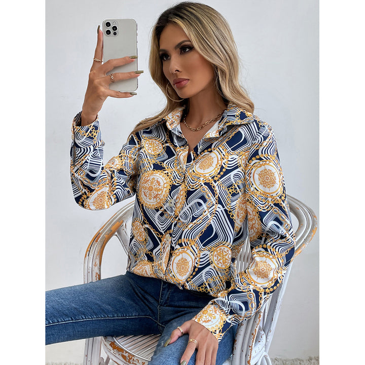 Damen geblümtes Shirt mit eleganten Langarm und knöpfbarem Kragen Drune