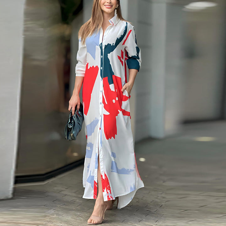 Damen Langes Hemdblusenkleid mit abstraktem Pinselprint und seitlichen Eingrifftaschen Drune