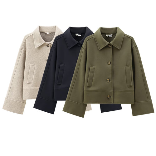 Damen Kurz geschnittene Wollmix-Boxyjacke mit überschnittener Schulter und Pattentaschen Drune