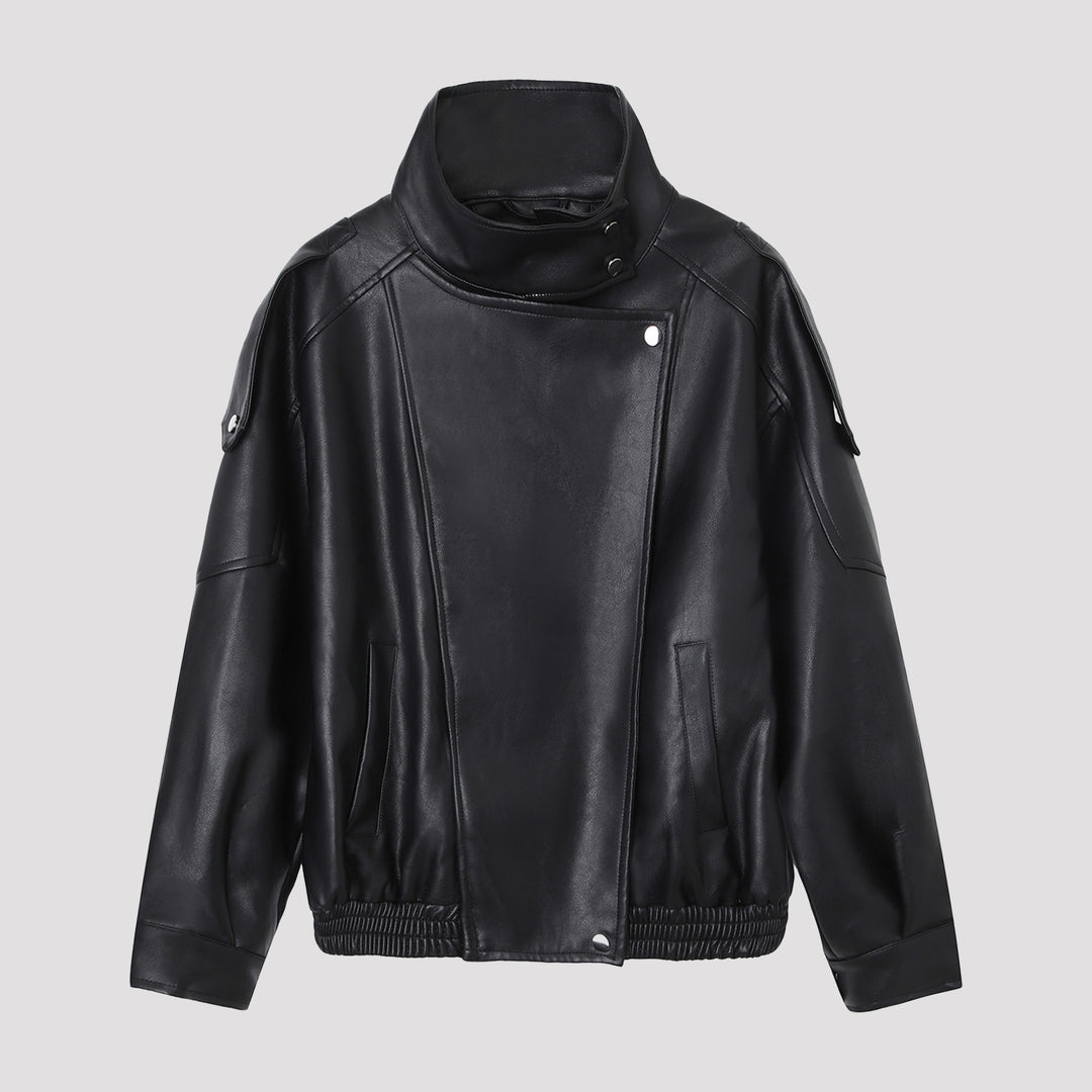 Damen Modische Lederjacke mit Stehkragen Drune