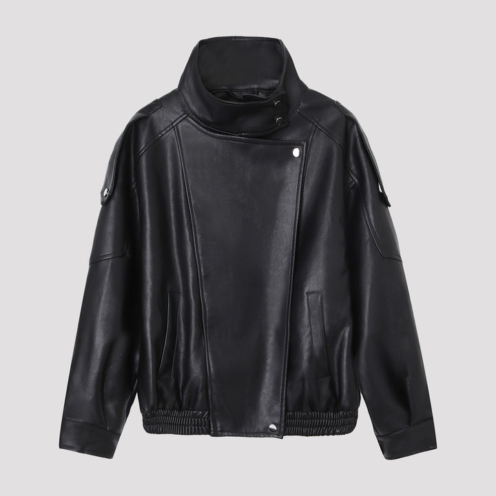 Damen Modische Lederjacke mit Stehkragen Drune