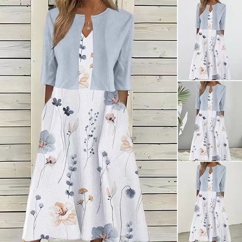 Damen nan Maxikleid mit separatem Bolero, V-Ausschnitt, Eingrifftaschen und floraler A-Linien-Silhouette Drune