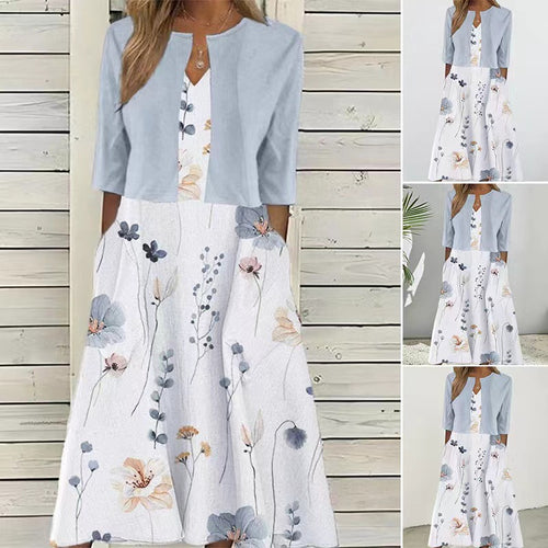 Damen nan Midikleid mit Bolero-Optik, tailliertem V-Ausschnitt, Dreiviertelärmeln und floralem A-Linienrock Drune