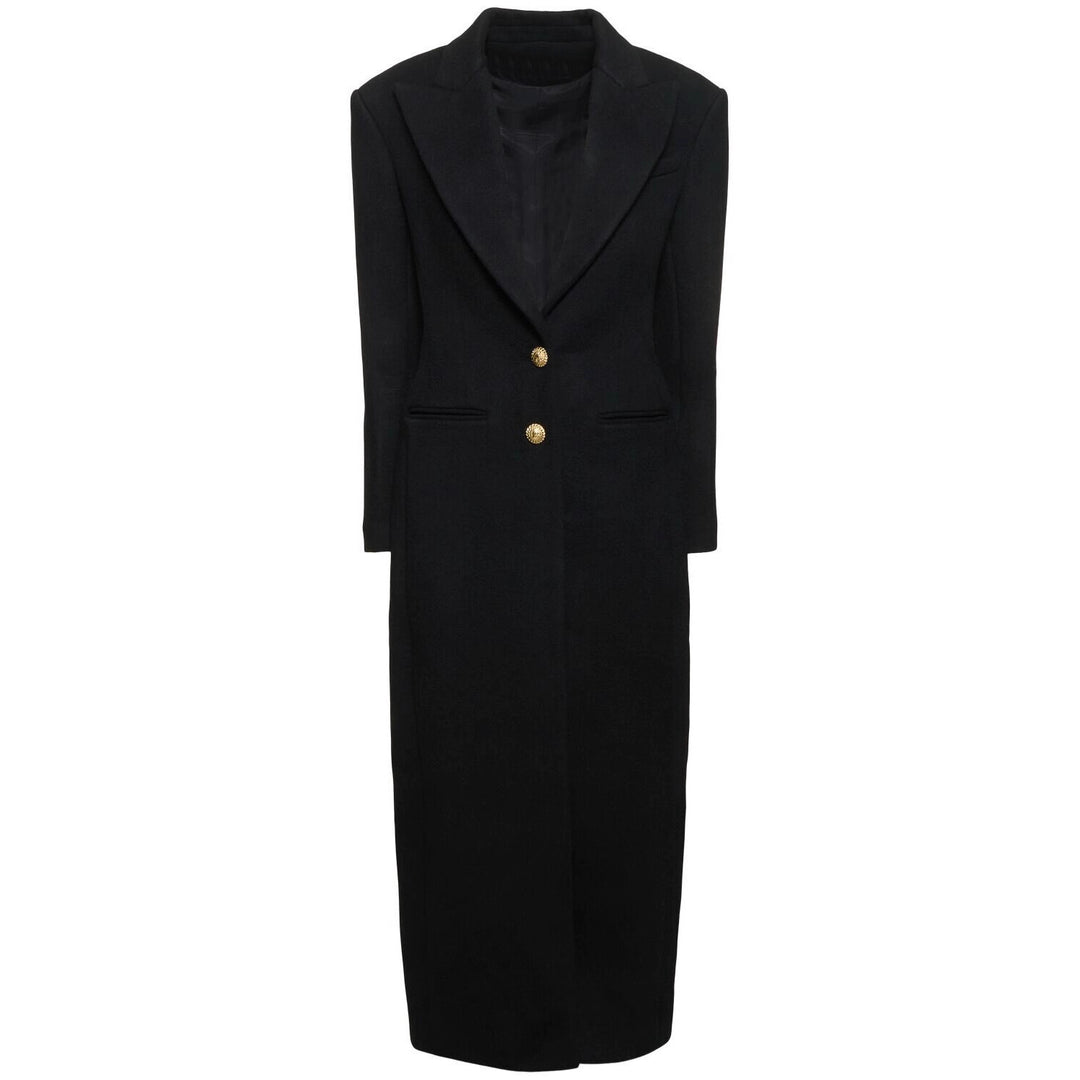 Damen Maxi-Mantelkleid mit markanter Schulterpartie und goldenen Zierknöpfen Drune