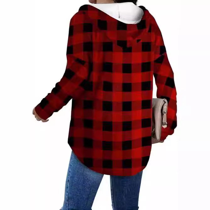 Damen lässige Karobluse mit Kapuze Drune