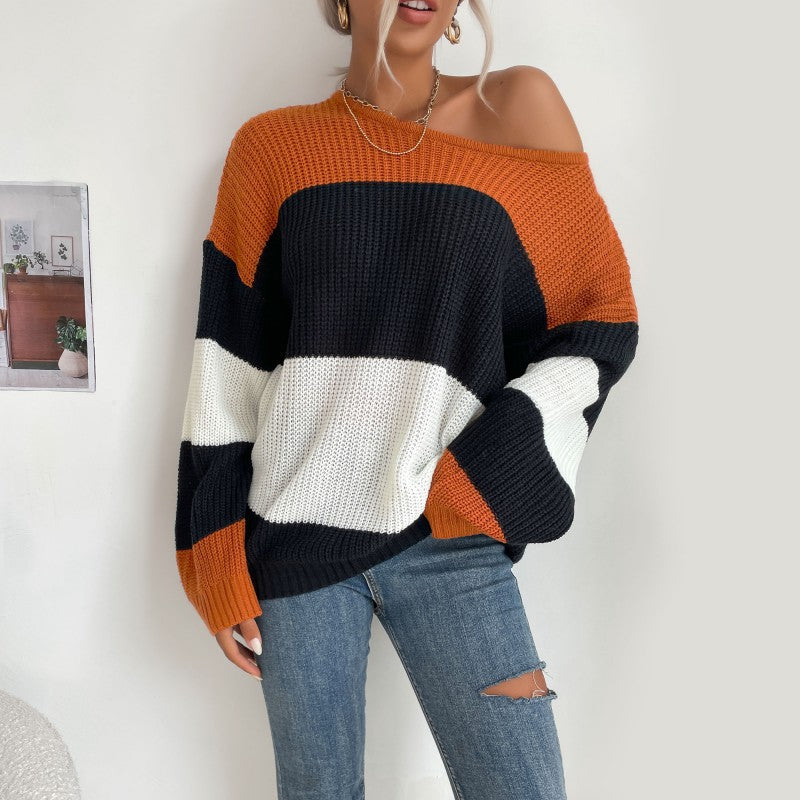 Damen Lässiger Gestreifter Pullover mit Off-Shoulder Design Drune