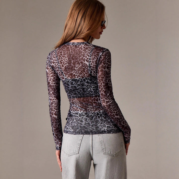 Damen nan feines Netzshirt mit Allover-Tiermuster, tailliertem Schnitt und Rundhalsausschnitt Drune