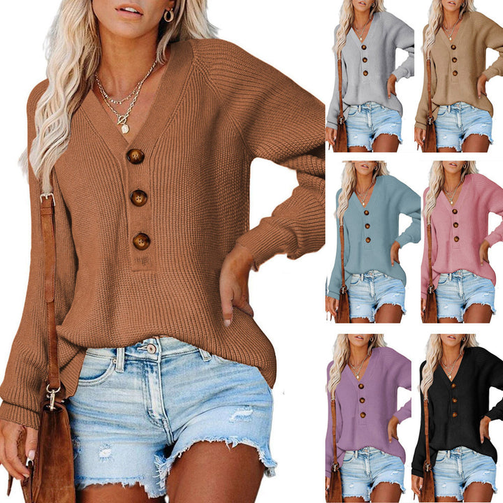 Damen Kaschmir Pullover mit V-Ausschnitt und großen Holzknöpfen Drune