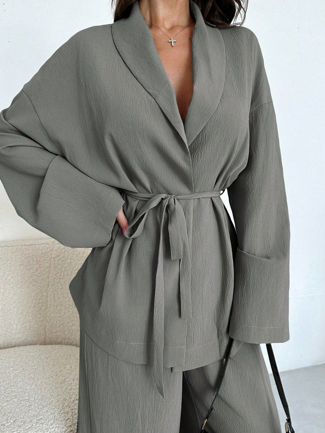 Damen lässige Oversized Blazerjacke mit Gürtel Drune