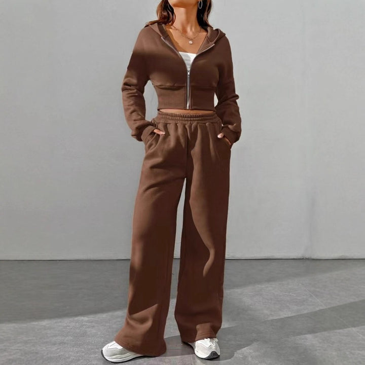 Damen nan kurzes Kapuzen-Sweatshirt mit Reißverschluss und weite High-Waist Jogginghose Drune