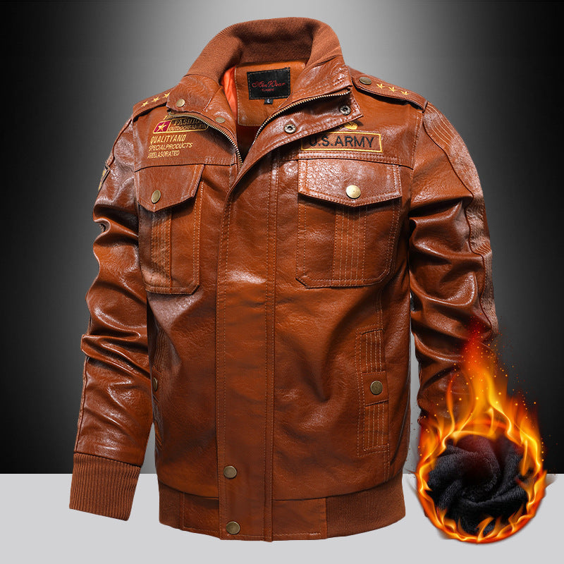 Herren isoliertes Kunstleder-Fliegerblouson im Military-Look mit Applikationen und gerippten Abschlüssen Drune