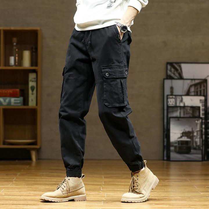 Herren Weiche Baumwoll-Utility-Cargohose im Joggerstil mit elastischem Bund und großvolumigen Klappentaschen Drune