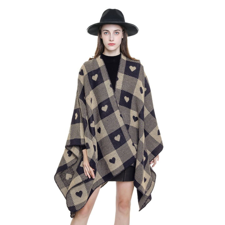 Damen Capeponcho aus Jacquardstrick mit Herz-Allover und offener Front Drune