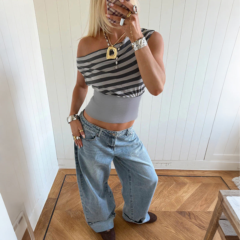 Damen Asymmetrisches Top mit gestreiftem Design Drune