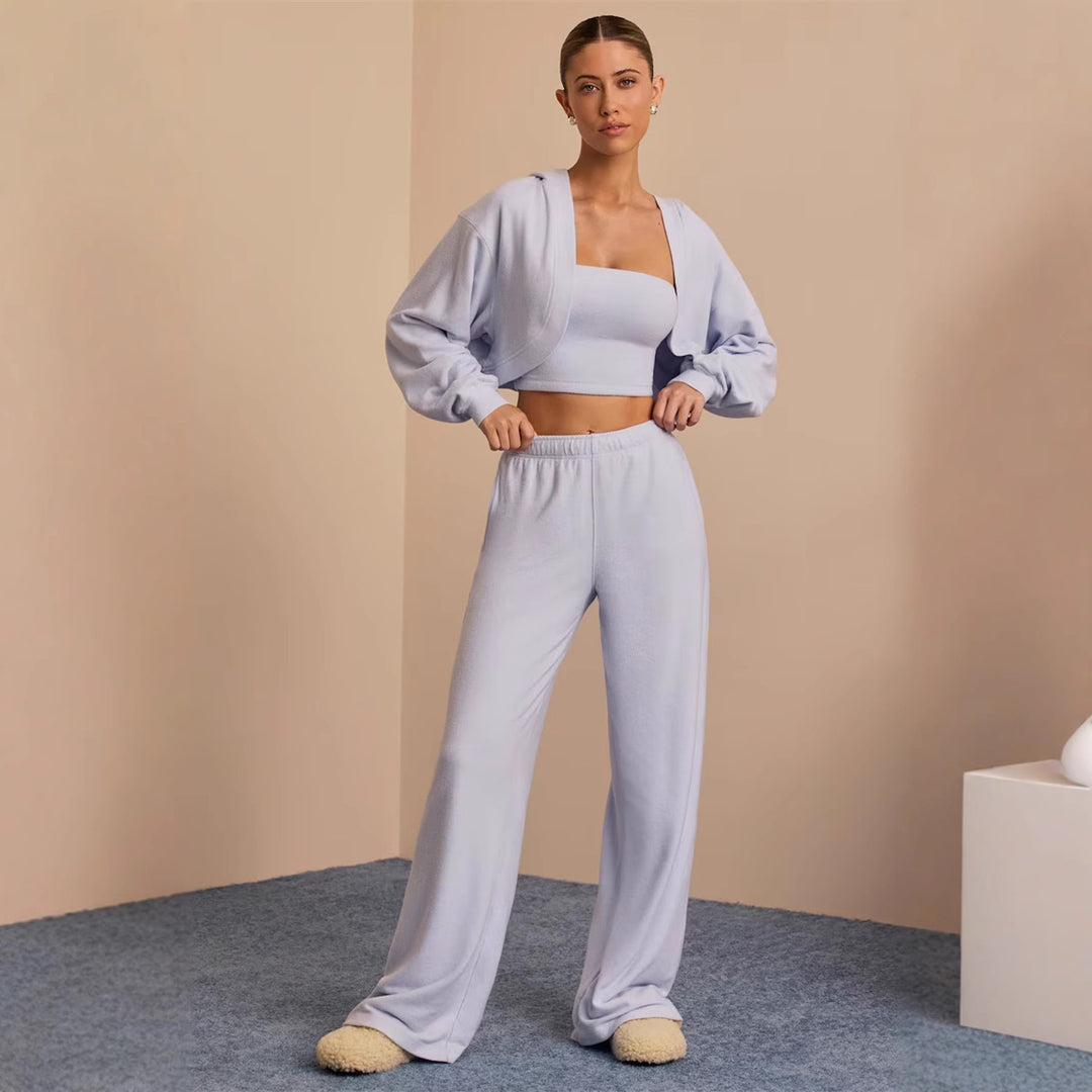 Damen gemütliches Lounge-Set mit cropped Top und weitem Hosenbein