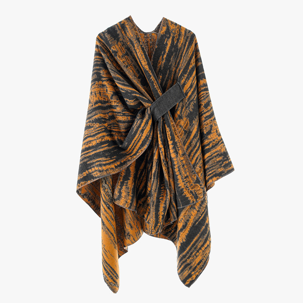 Damen Jacquard-Cape-Überwurf mit strukturierter Wellenoptik, Bindegürtel und asymmetrischem Zipfelsaum Drune