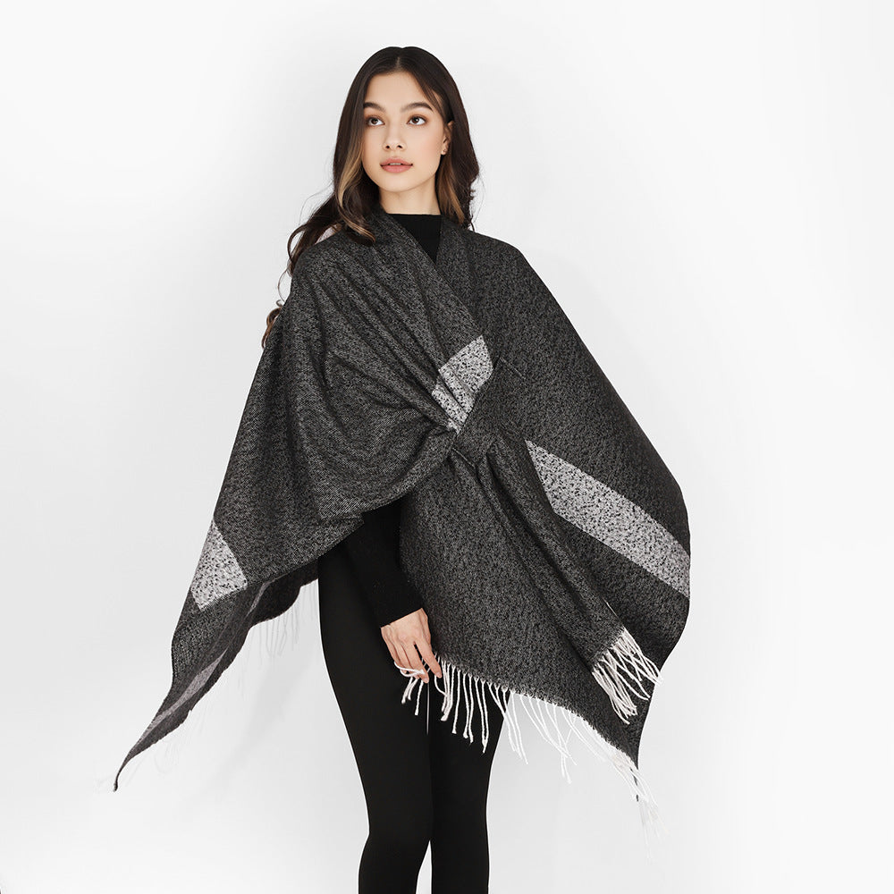 Damen Wollmix-Capeponcho mit Bindeschlaufen, weichgewebtem Oversize-Überwurf und Fransensaum Drune