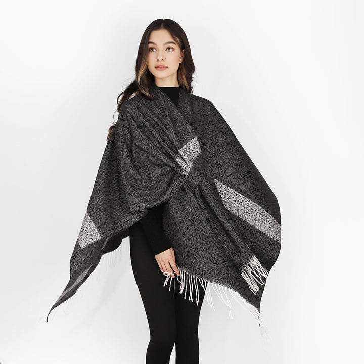 Damen Wollmix-Capeponcho mit Bindeschlaufen, weichgewebtem Oversize-Überwurf und Fransensaum Drune
