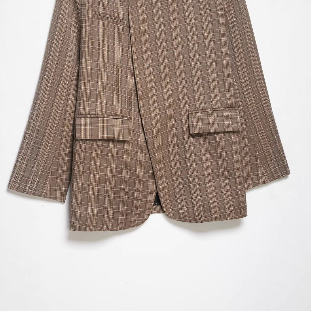 Damen Oversized Glencheck-Blazer mit Stehkragen und asymmetrischer Knopfleiste Drune