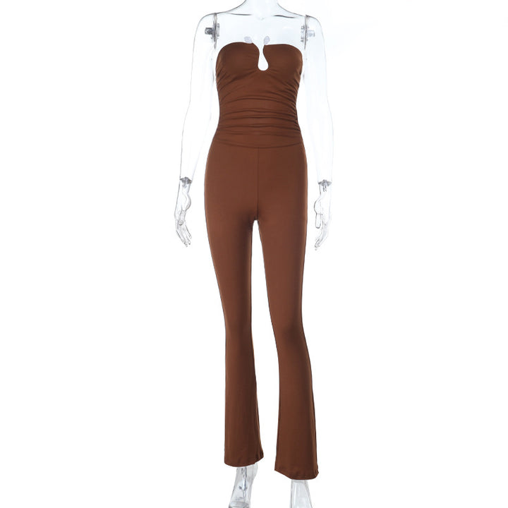 Damen eleganter schulterfreier Jumpsuit mit tiefem Schlüssel-Ausschnitt und figurbetontem Schnitt Drune