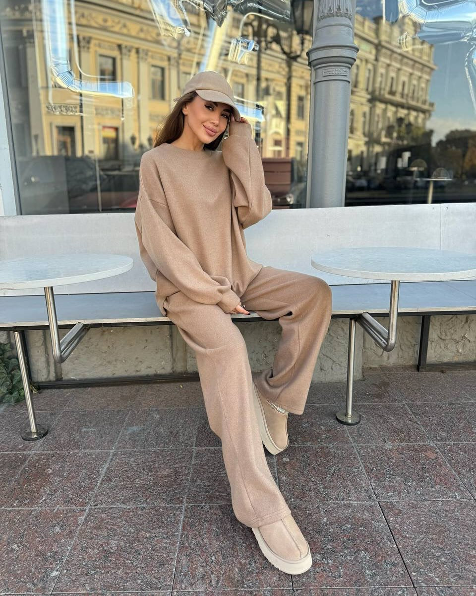 Damen Weiches Oversized-Strick-Loungewear-Set mit legerem Rundhals-Pullover und weiter Komforthose Drune