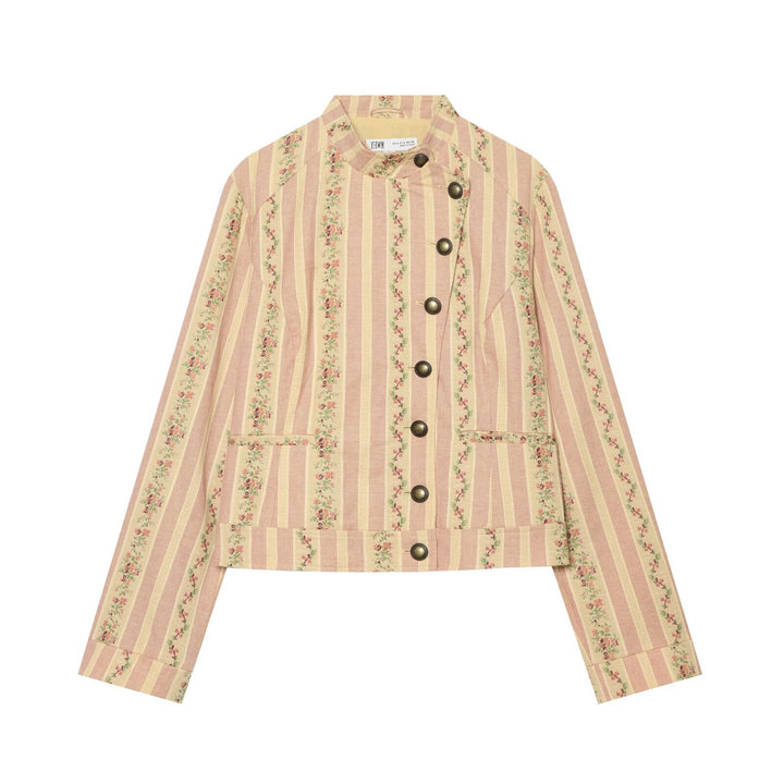 Damen Gestreifte Kurzjacke im Vintage-Look mit Stehkragen und asymmetrischer Knopfleiste Drune