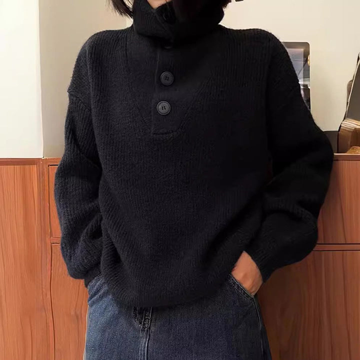 Damen Strickpullover mit knopfverziertem Kragen und feiner Rippstruktur Drune